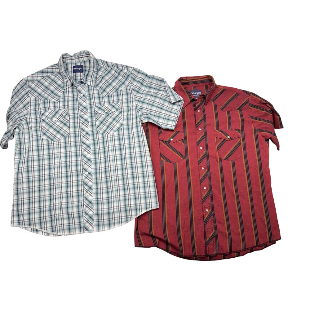 Wrangler Western Shirts Lot of 2 Men’s Plaid Stripe Pearl Snap Short Sleeve XL